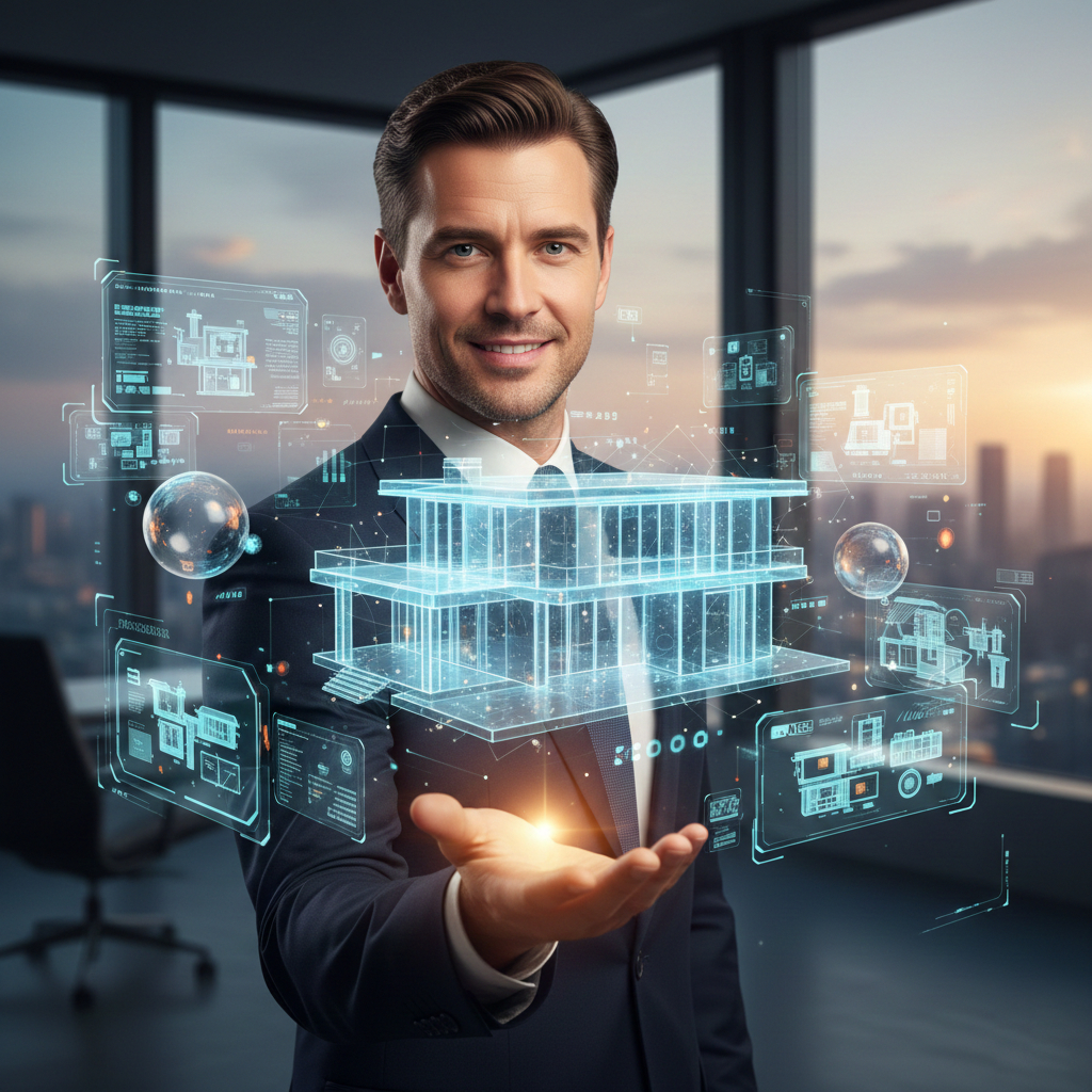 Corretor bem sucedido apresentando imóvel com tour virtual